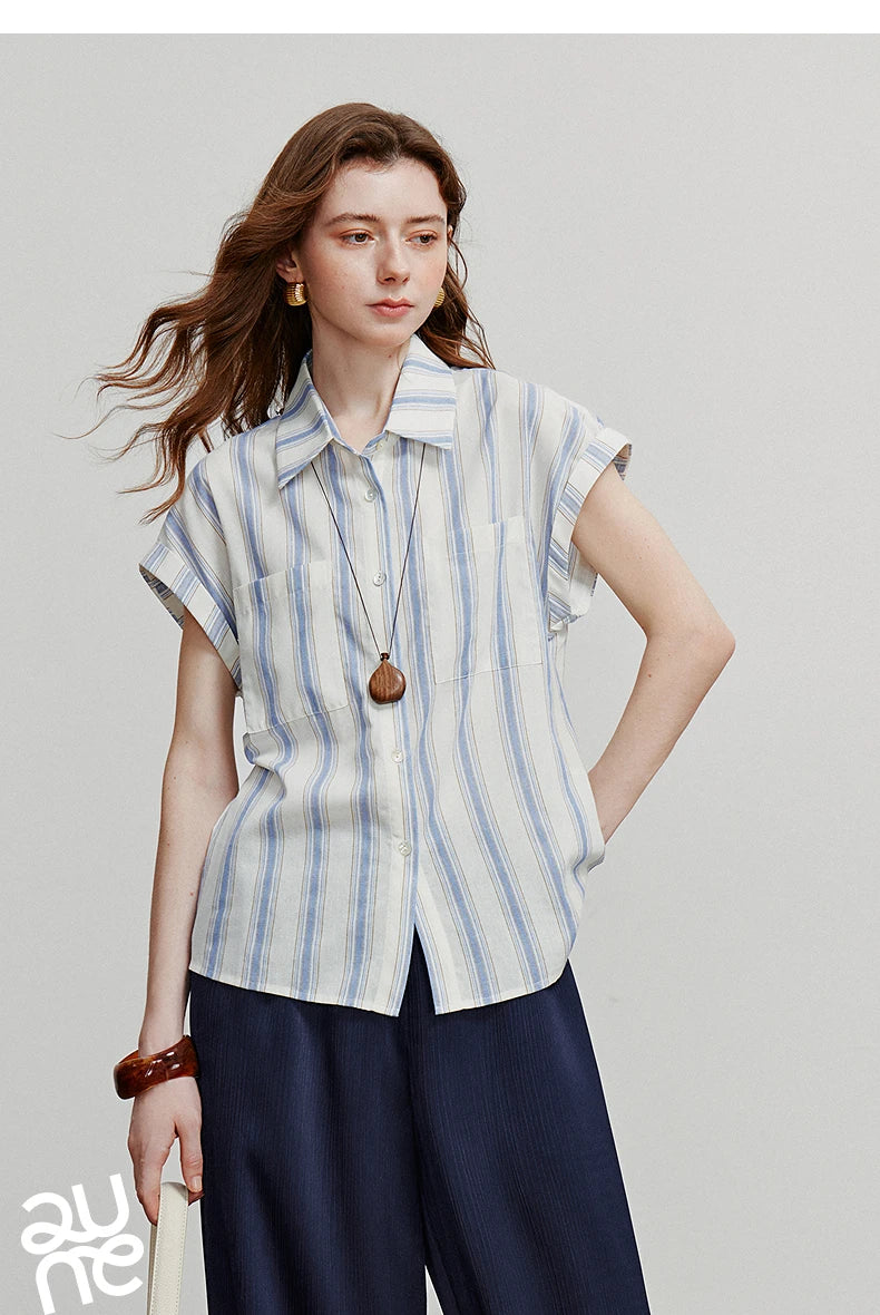 TOYOUTH Women Blouse Shirt 2025 Summer New Blue and White Striped Sleeveless Turn Down Collar Casual Shirt Tops 8522042