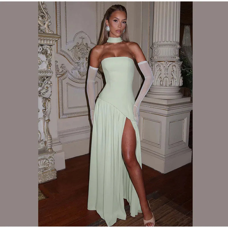 Butter Yellow Scarf Neck Split Long Dress Women Elegant Strapless Slim Fit High Waist Vestidos 2025 Lady Evening Party Gowns New