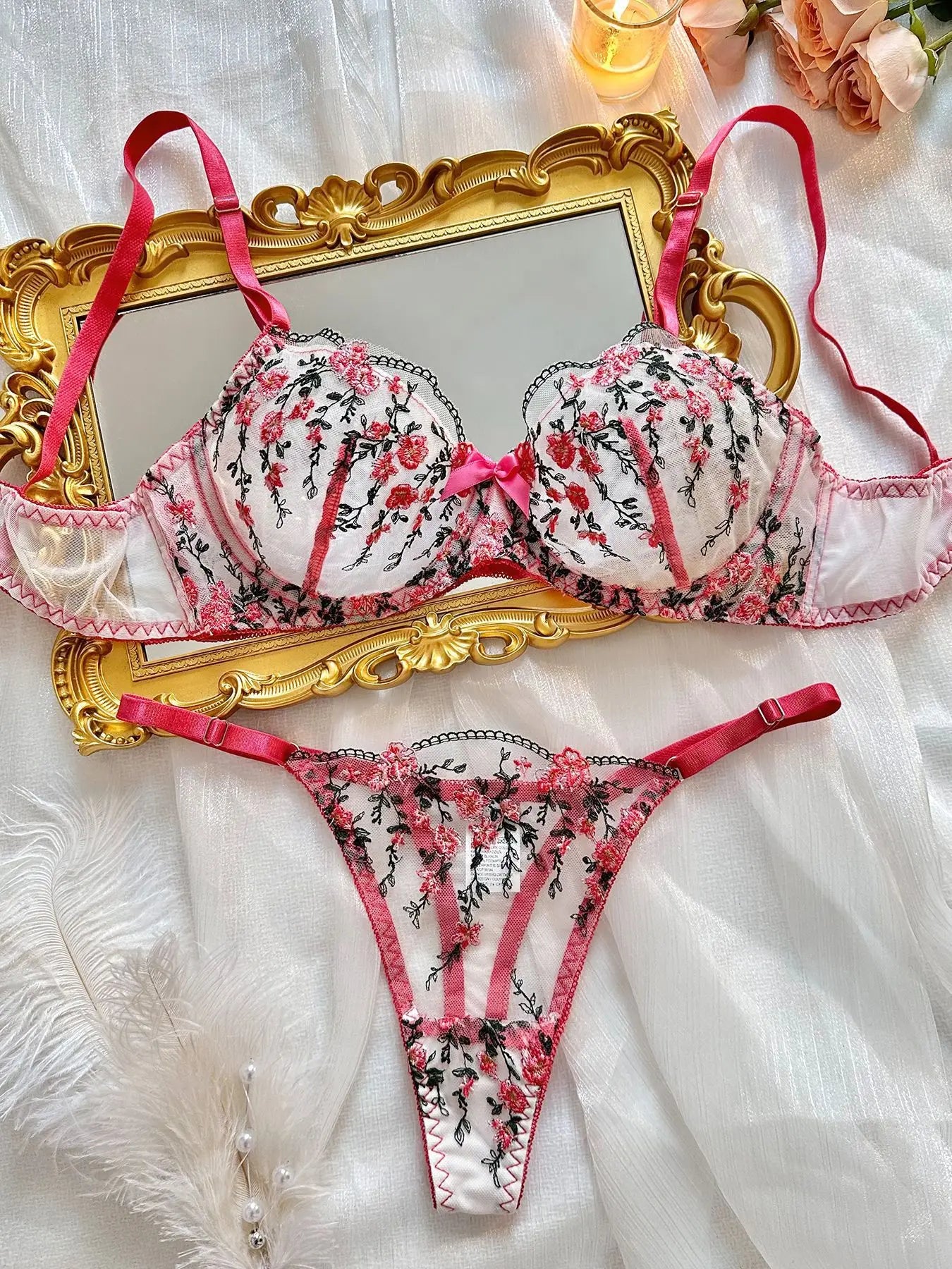Sexy Women Lingeries Embroidery Floral Underwear Transparent Lace Short Low-waist Kits Sweet Delicate Fairy Bra Bra & Brief Sets