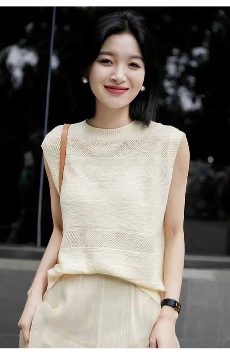 Women's Fashion Sleeveless Tees ONeckPullover Summer Worsted Wool Top Hollow Out T-Shirts Simple Elegant And Smooth Cool Comfort
