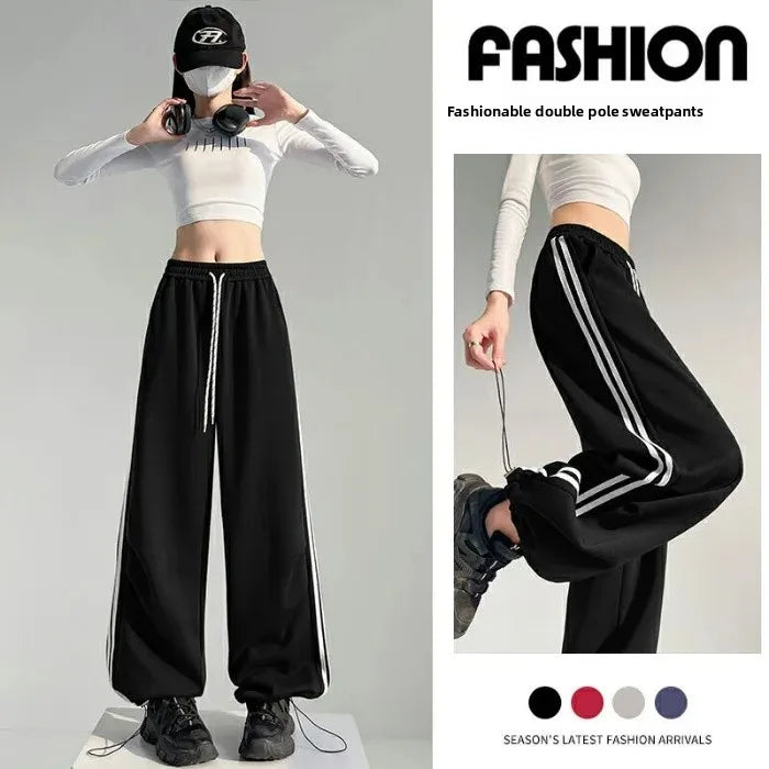 New 2025 American Stripe Sports Pants Women's Spring Autumn Wide Leg Loose Jazz Dance Casual Parachute Long Trousers