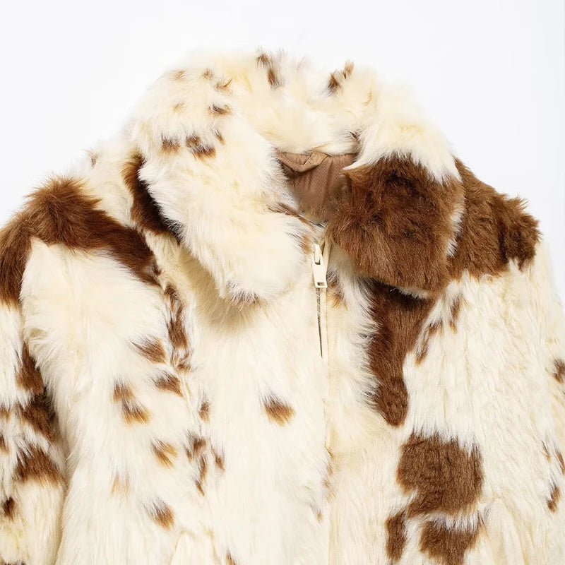 Faux Fur Contrast Women Coat 2025 Lapel Zipper Long Sleeve Female Coats Vintage Autumn Winter Pocket Thicken Warm Lady Outwear
