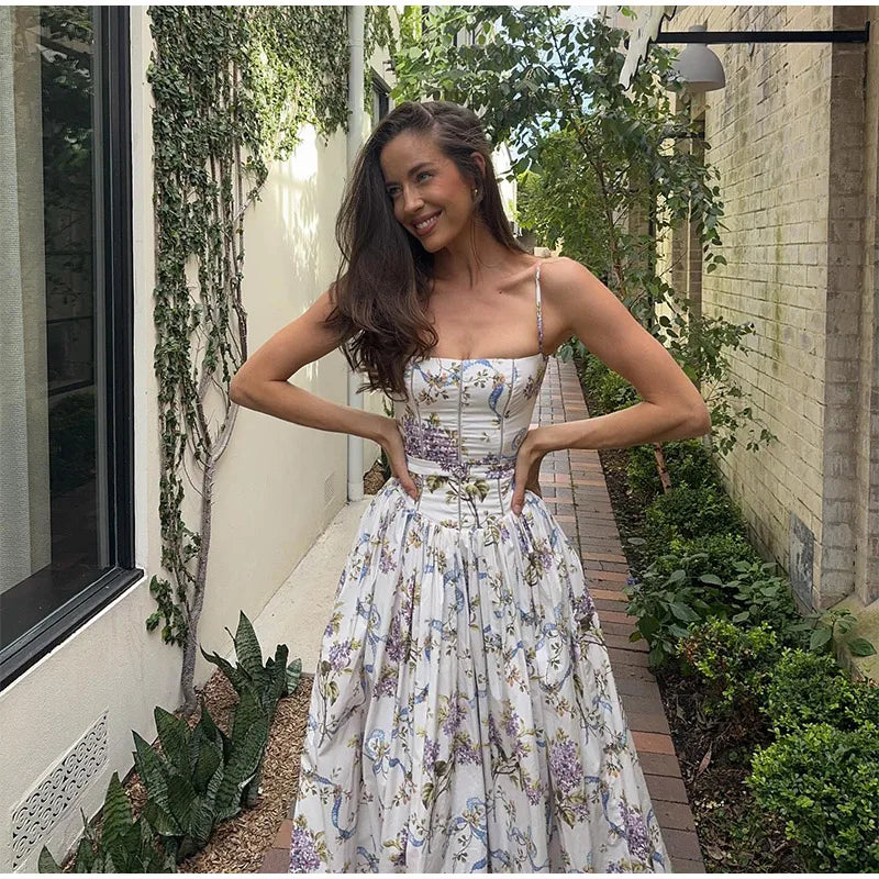 Chic Flower Print A-line Maxi Dress Women Elegant High Waist Strapless Backless Slim Vestidos 2025 Lady Summer Vacation Robes