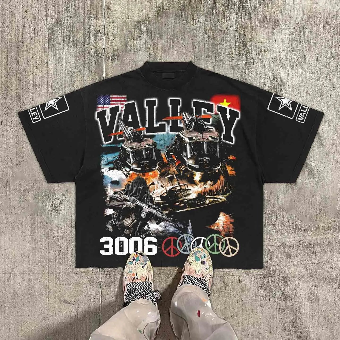 Vintage Warzone Valley Division Graphic 100% Cotton T-Shirt Cropped Tees Men and women same style, casual and comfortable