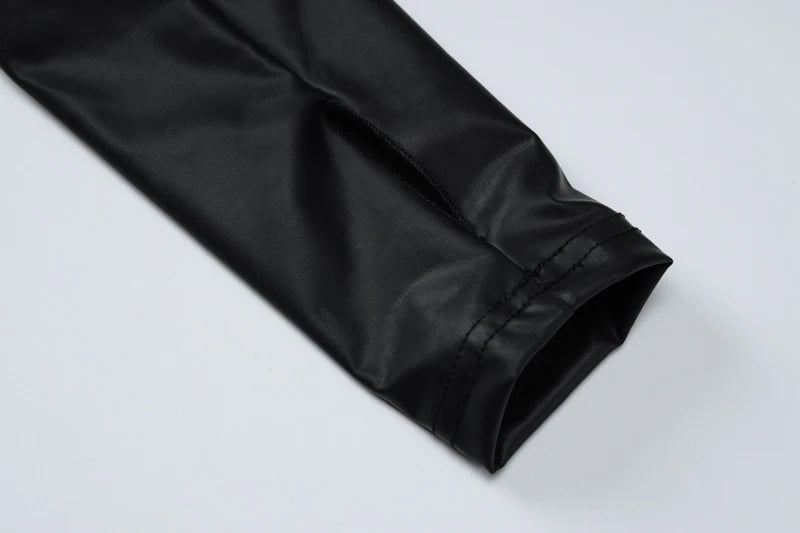 Hugcitar Fashion Pu Leather Black Turtleneck Tie Flower Long Sleeve Buttons Sexy Bodycon Bodysuit Women Party Overalls Romper