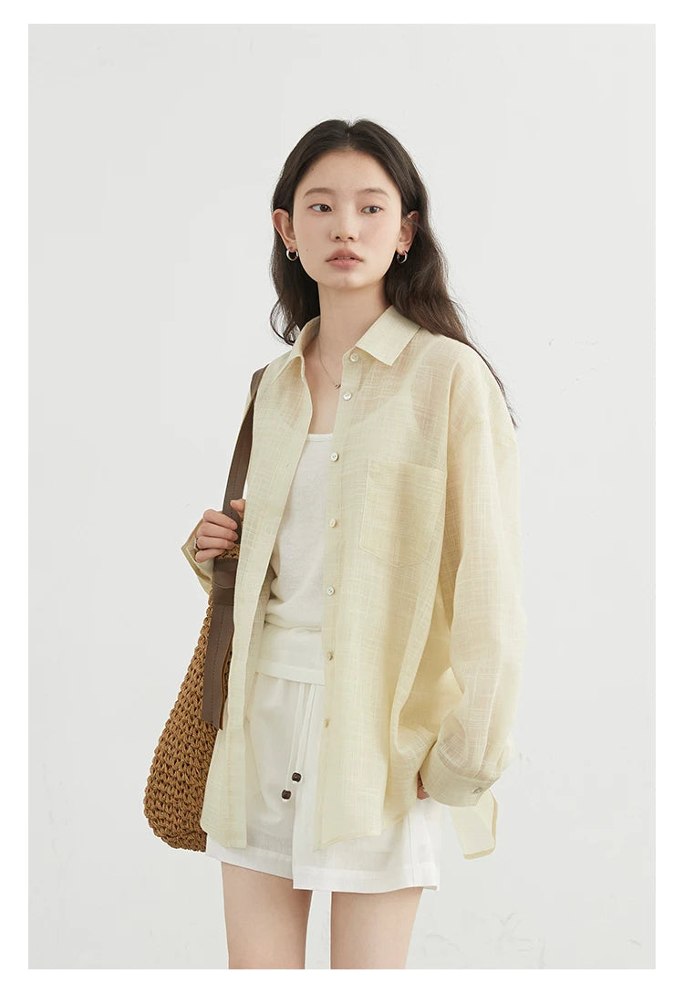 CHIC VEN New Women Shirt Retro Loose Casual Single Breasted Long Sleeve Back Slit Thin Transparent Female Blouses Summer 2025