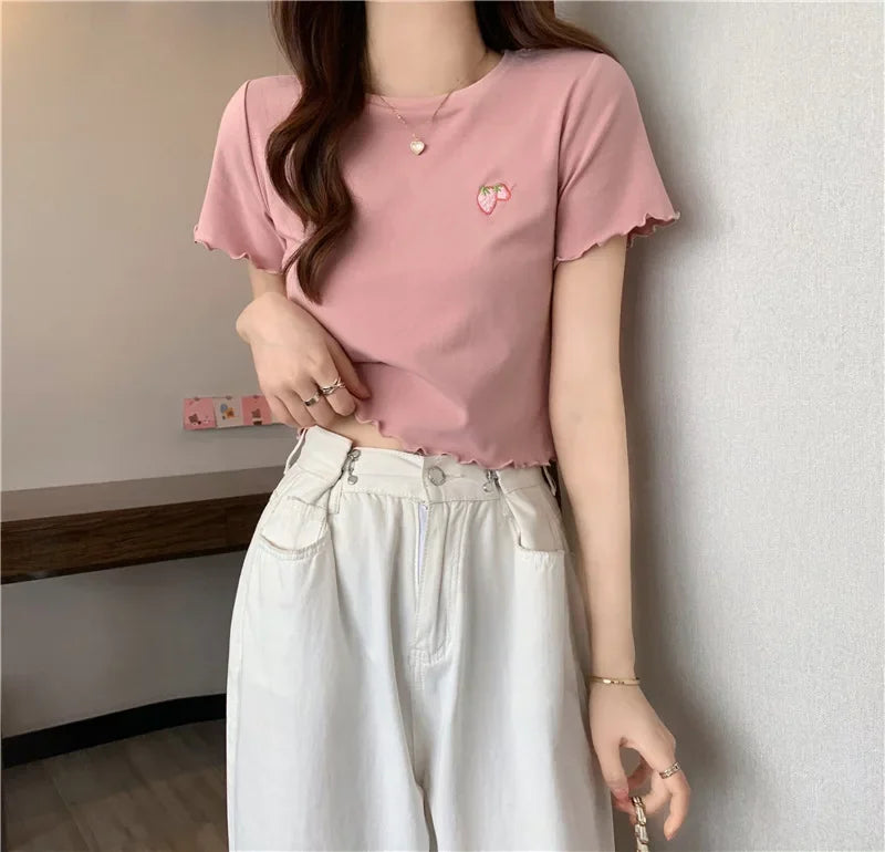 Summer Embroidered Short T-shirt Women Wooden Edge Irregular Slim Short Sleeve Top Plant Pattern Fiber Fabric Elegant Style