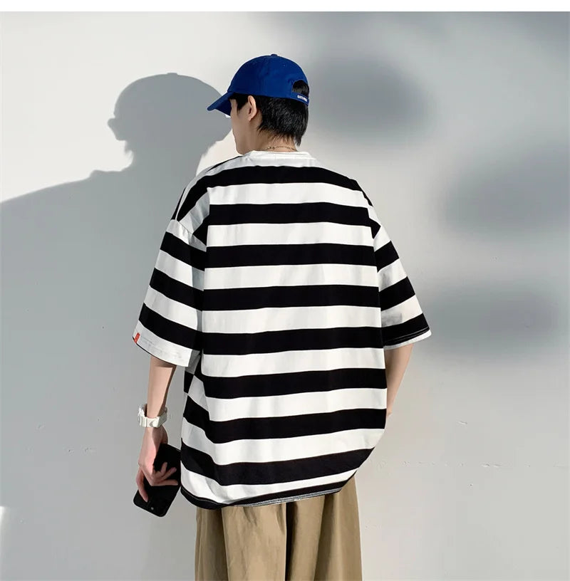 Men's Cotton T-shirt Striped Mens Oversized T Shirts Split Hem Fashion Tee Shirts Casual Wear Summer Tshirt 5XL Big Size for Man