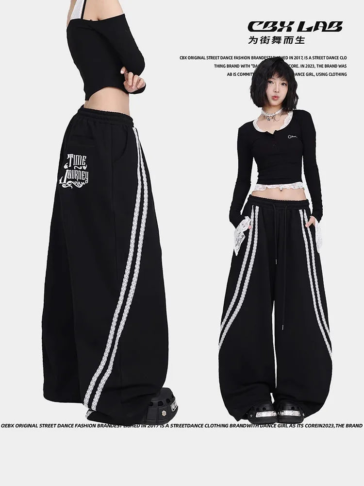 CBXLAB Street Dance Women' s Black lace pull-tab jazz pants K-pop spicy girl long pants street leisure pants trendy.