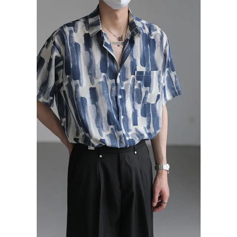 Men's and women summer trend personality simple graffiti lapel shirt couple loose retro Harajuku casual short sleeved top y2k