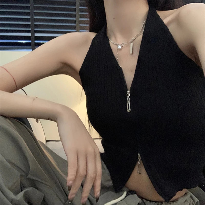 V-neck Camis Women Hotsweet Sexy Halter Crop Tops Zipper Streetwear Pure Sleeveless Chic