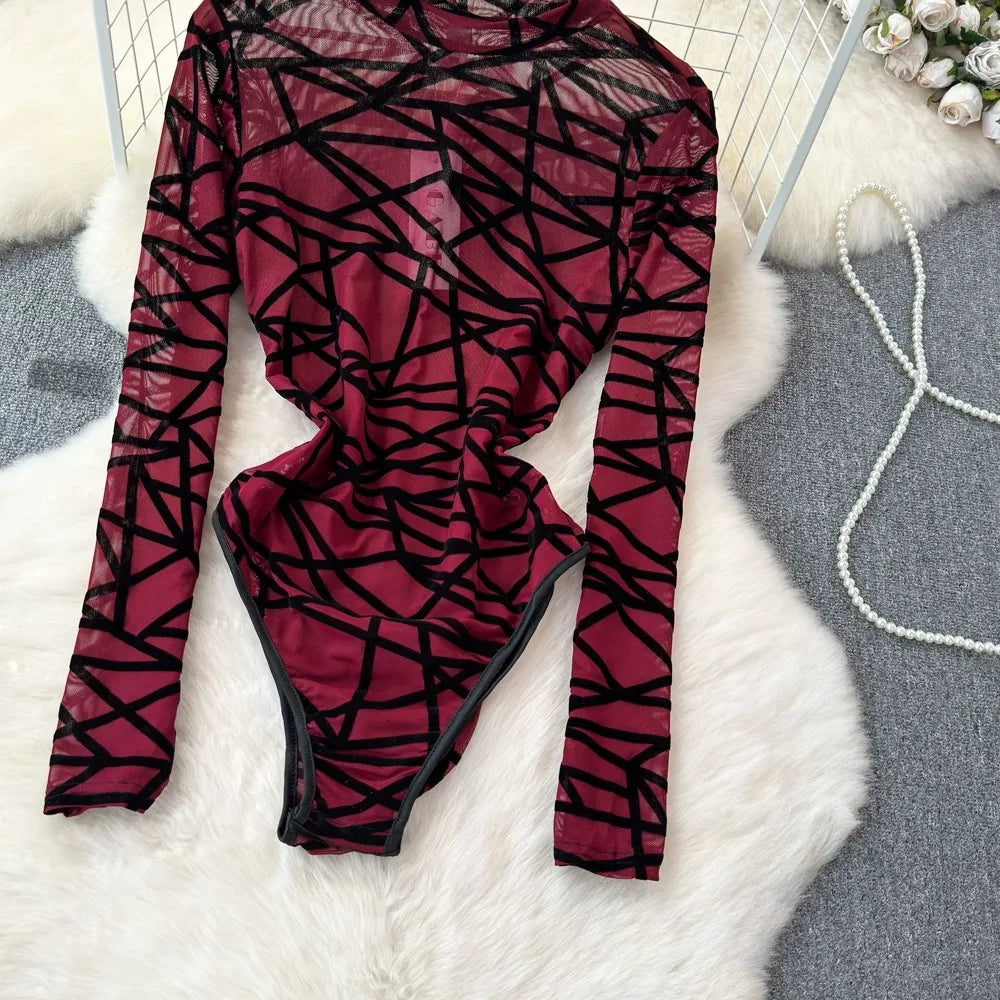 Foamlina Sexy Hollow Out Mesh Bodysuits for Women Fashion Striped Print Stand Collar Long Sleeve Slim Fit Club Party Jumpsuits