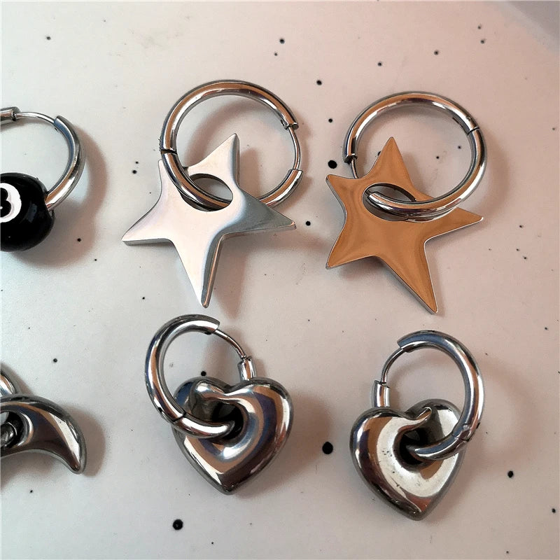 Punk Dangle Edgy Earrings Unique Detachable Stainless Steel Chunky Star Heart Moon Hoop Earrings For Women Men Statement Jewelry