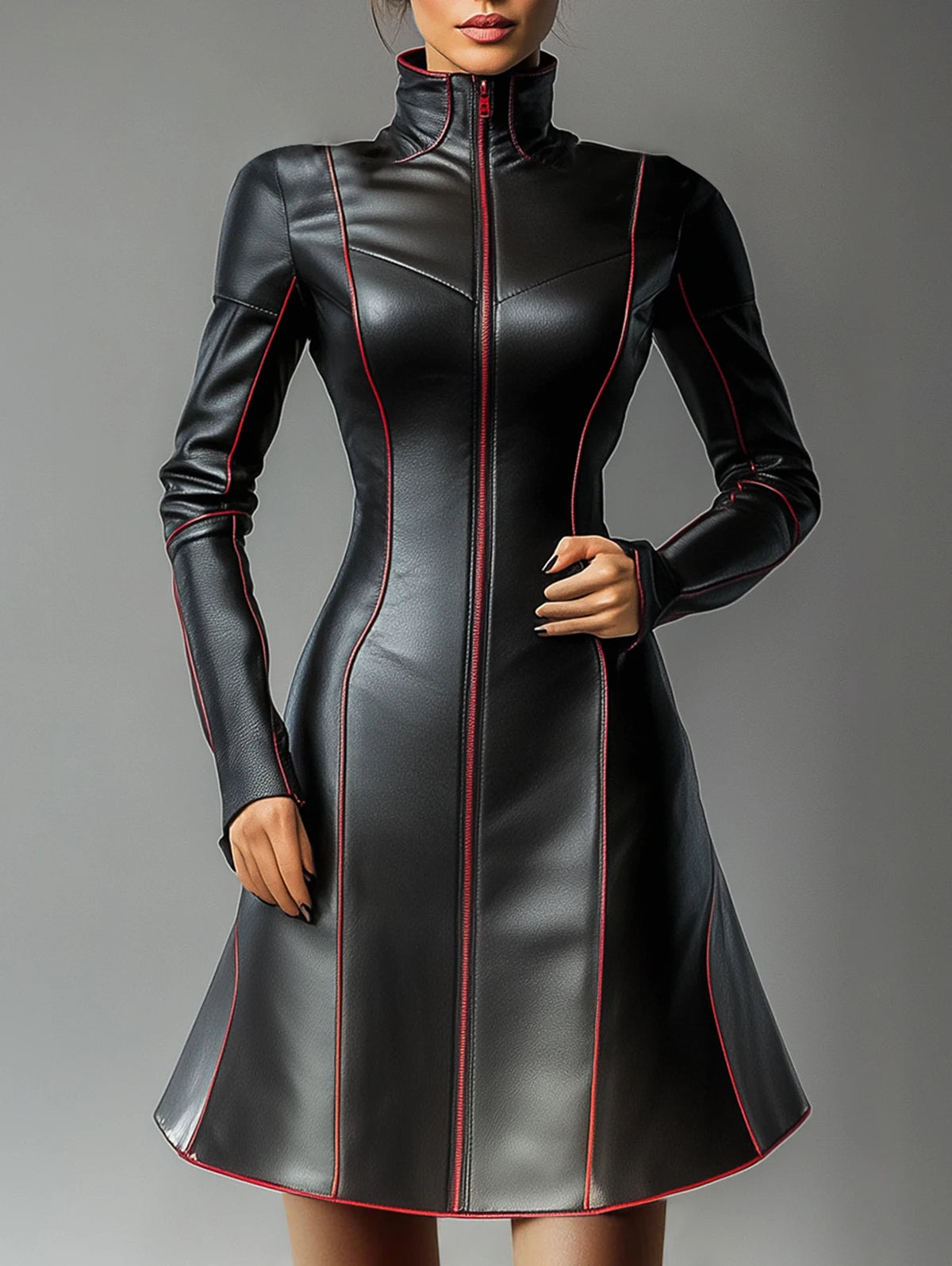 PU Leather Dresses for Women High Neck Zipper Contrast Binding  Mini Dress Women Long Sleeve Elegant A-Line Dress Streetwear Top