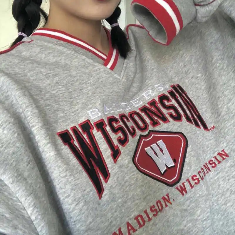 Retro American V-ne Letter Embroidery Pure Cotton College BF Sle Loose Fit Thin Hoodie Women's Autumn Baseball Jaet