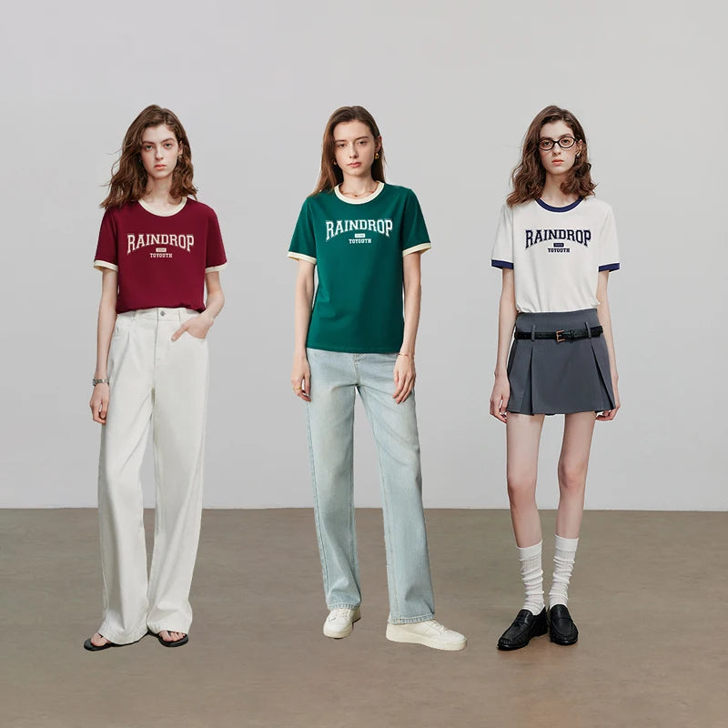 TOYOUTH Women Short Sleeve T shirt 2025 Summer New Color Blocked Letter American Style Antibacterial Cotton Tops GT5210004