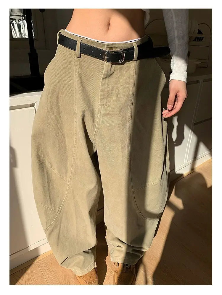 HOUZHOU Y2K Vintage Wash Women Cargo Jeans Harajuku Scimitar Wide Leg American Retro Denim Pants Baggy Trousers Gyaru Streetwear