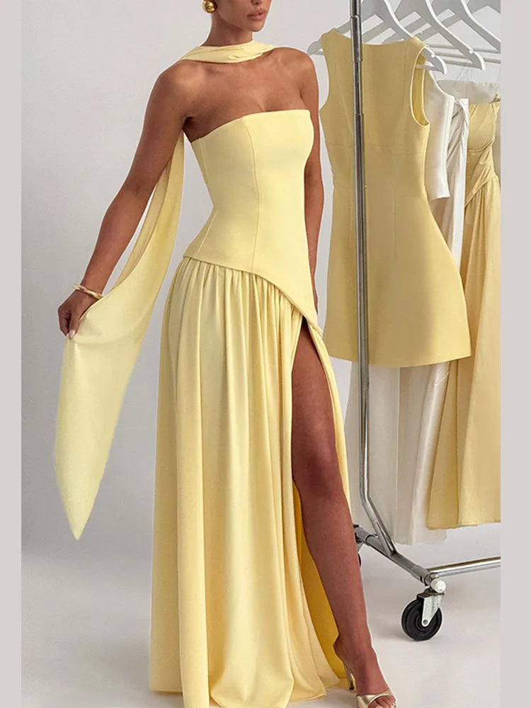 Butter Yellow Scarf Neck Split Long Dress Women Elegant Strapless Slim Fit High Waist Vestidos 2025 Lady Evening Party Gowns New