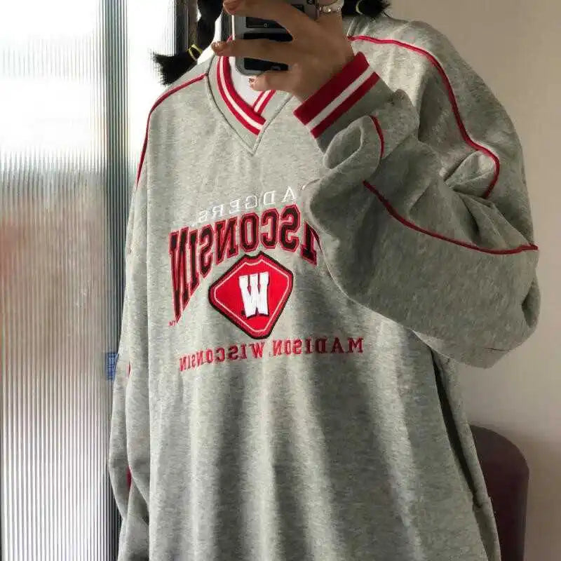 Retro American V-ne Letter Embroidery Pure Cotton College BF Sle Loose Fit Thin Hoodie Women's Autumn Baseball Jaet