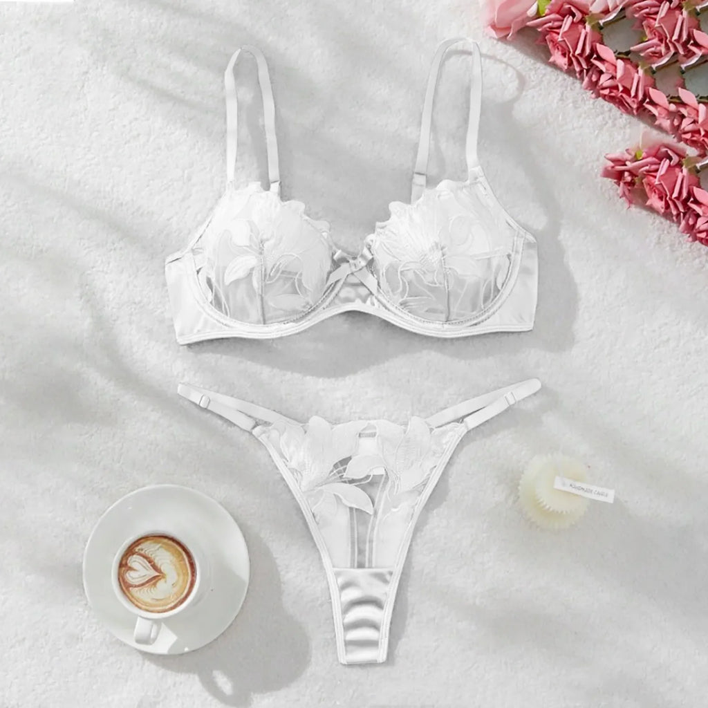 Women'S 2 Piece Lingerie Set Floral Embroidered Lace Sexy Satin Mesh Ingerie Bra And Panty Set Negligee Lingerie Sexy