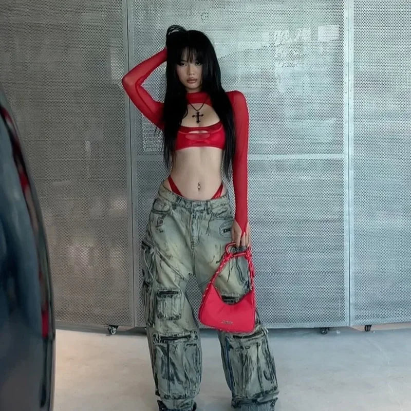 See Through Y2k Clothes Hollow Out Mesh Crop Top Skinny Camisole Mini Ropa De Mujer Rave Outfits 2 Pcs Set T Shirts For Women