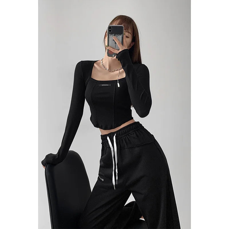 American Style Fishbone Design Sensibility Base Layer Top Women's Cropped Long Sleeve T-shirt Trendy Square Collar Clavicle Top