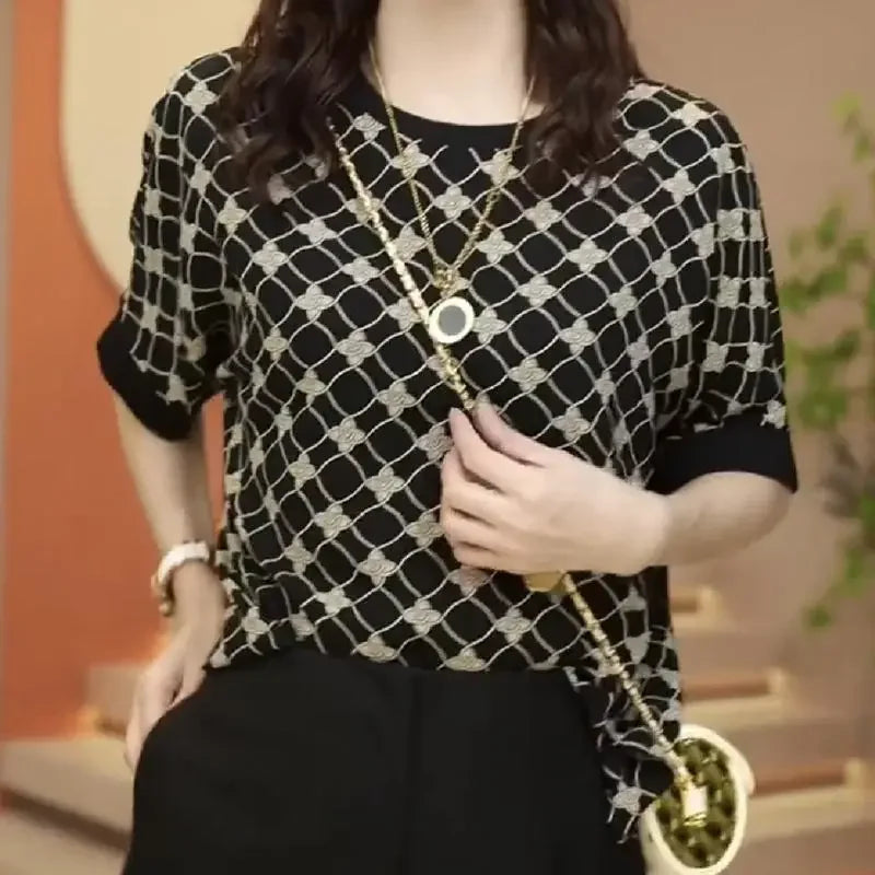 Vintage Fashion Summer Women's O-Neck Printing Screw Thread Patchwork Batwing Sleeve Temperament Versatile Loose T-Shirts Tops