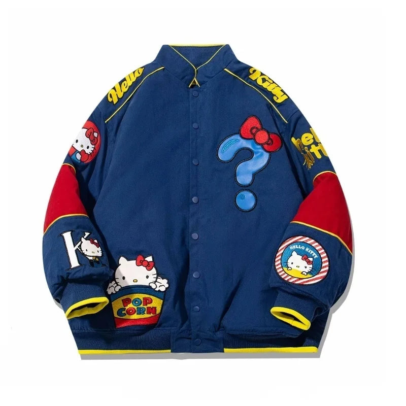 Cartoon Hellokitty Y2k Baseball Jacket Button American Retro Coats Embroidery KT Cat Harajuku Jacket Women Oversized Coat