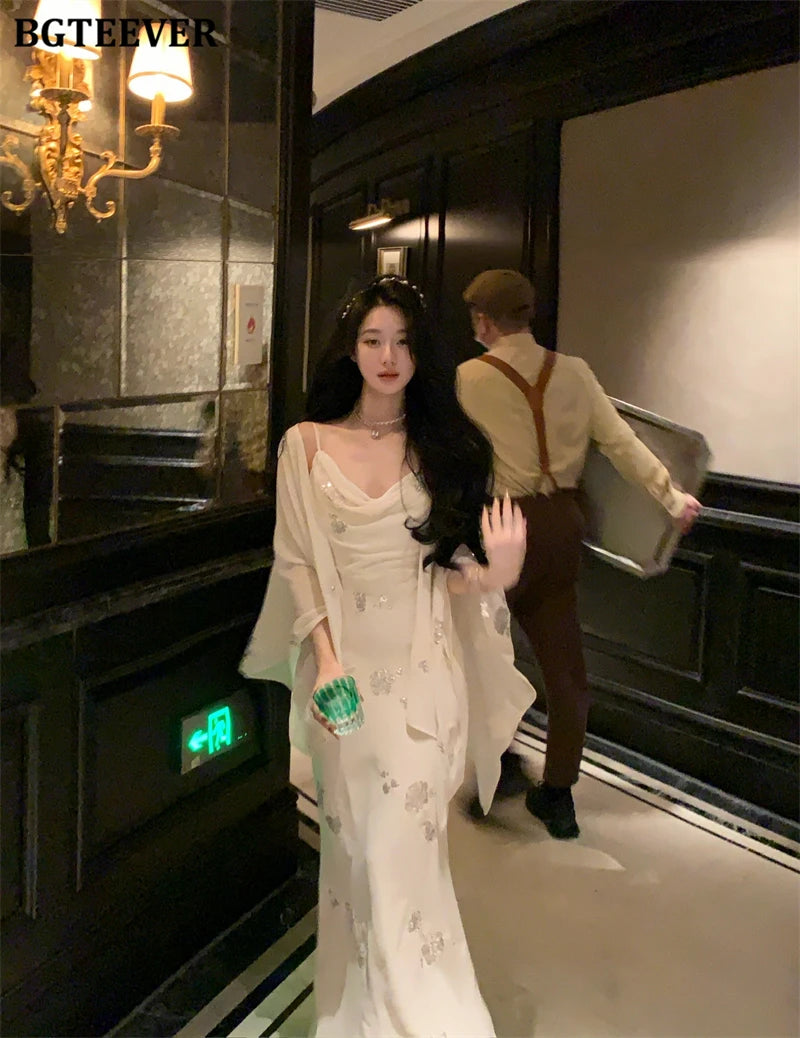 BGTEEVER Autumn Winte Slim OL Embroidery Set Long Sleeve Cardigans & Spaghetti Strap Package Hip Dress Ladies 2 Pieces Set