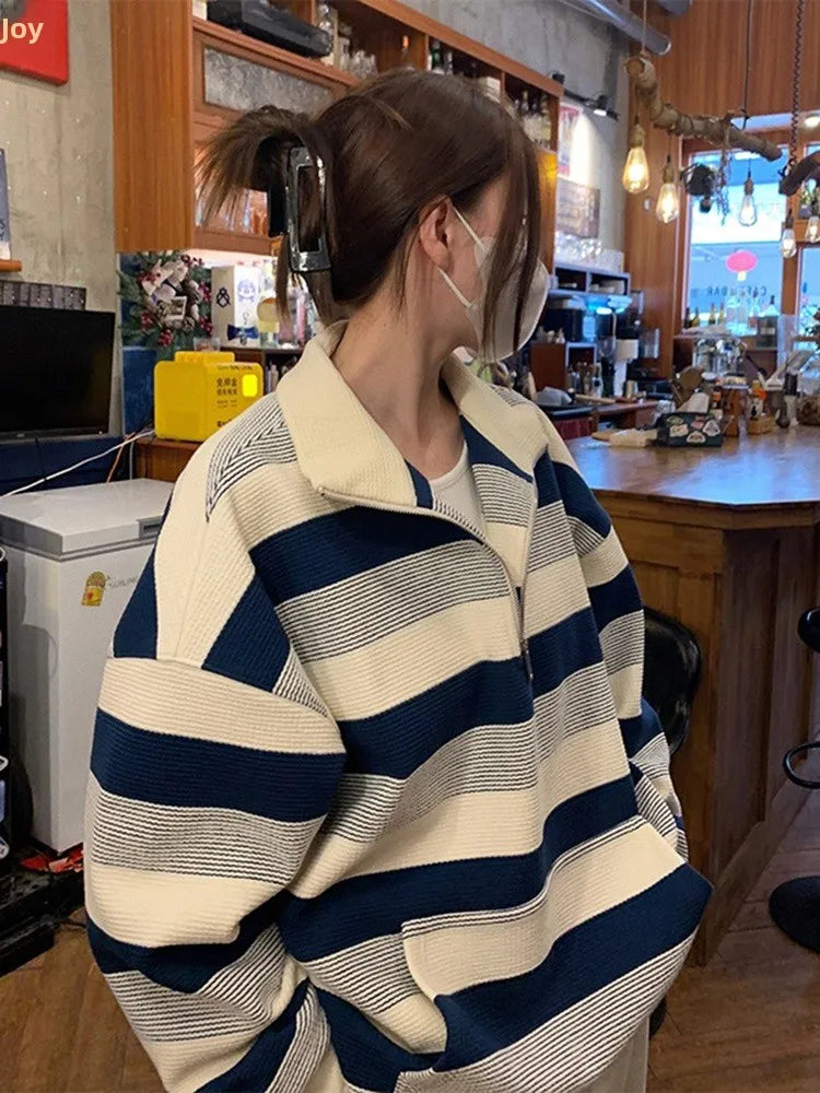 American Sle Oversize Loose Sweatirt High Collar f Zip Striped Men Women Spring Autumn Casual Outerwear Coat