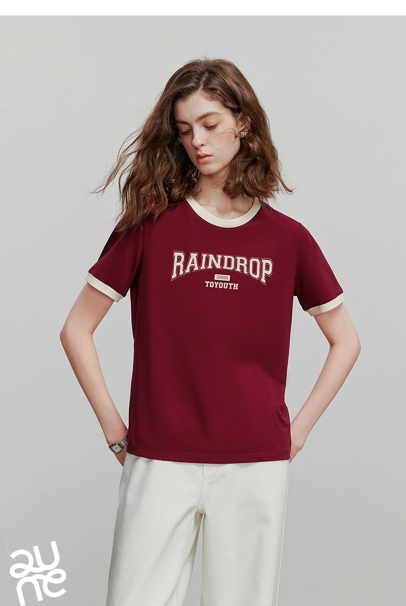 TOYOUTH Women Short Sleeve T shirt 2025 Summer New Color Blocked Letter American Style Antibacterial Cotton Tops GT5210004