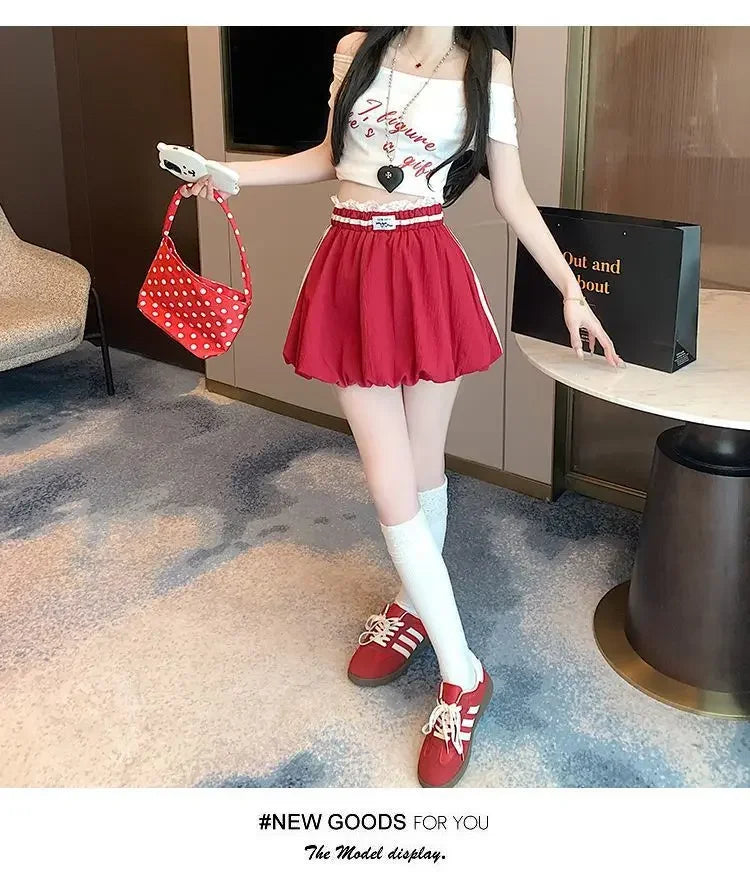 American Style Spliced Lace Stripe High Waist Half Skirt Women Summer Anti Exposure Flower Bud Puffy Short Skirt Polyester Fiber