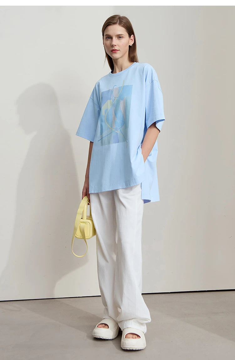 Amii Minimalist Summer T-shirt Women Irregular Design Tops Casual O-neck Abstract Print Loose Dropped Shoulder T-shirt 12522081