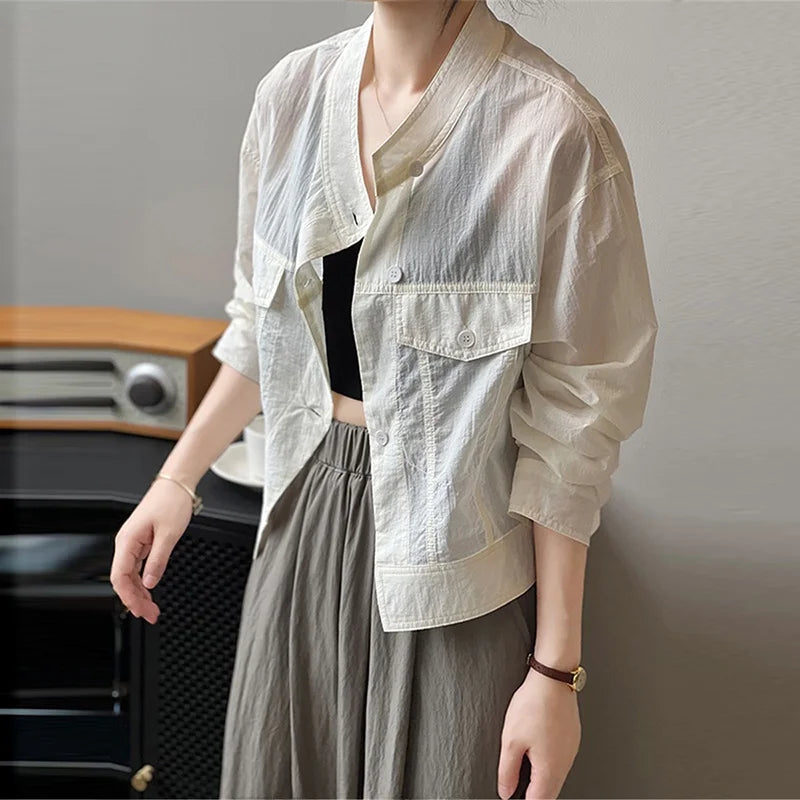 Women's ort Breathable Faion irt Thin Summer New Design Chic Stand Collar Trendy Top Korean Sle Long Sve Button up