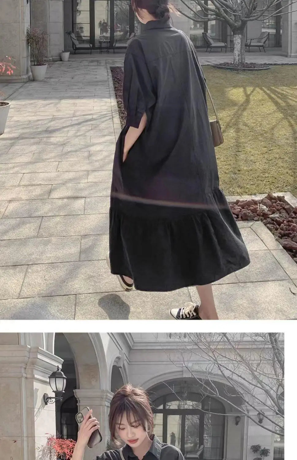 plus Size Khaki Shirt Dress Women Casual Summer Loose Fit High Waist A-Line Skirt Long Sleeve Polo Collar Polyester Fiber