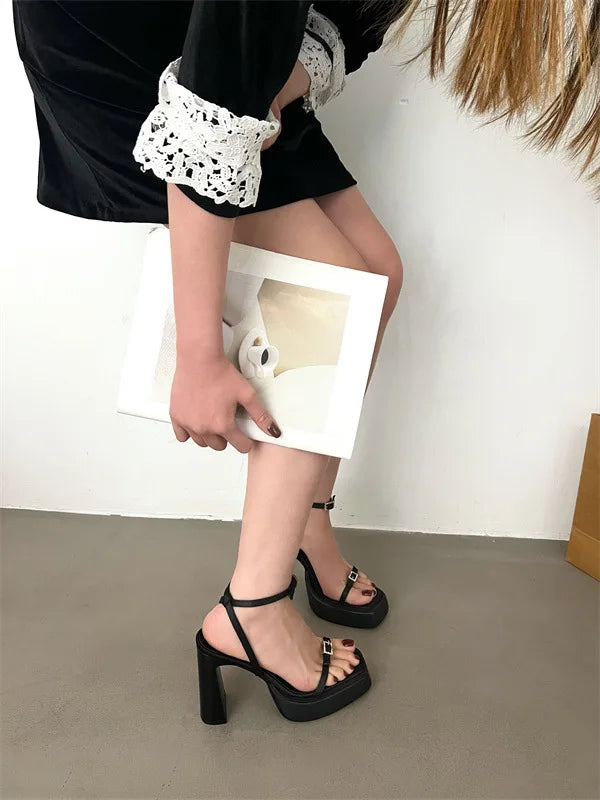 New High-heeled Women's Shoes with Square Toe and Straight Buckle Thick Heel Platform Sandals Shoes for Women