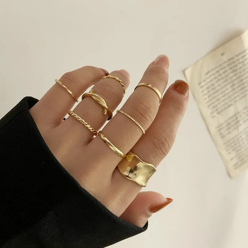 Vintage Shiny Zircon Butterfly Heart Ring Set Gold Color Boho Elegant Eyes Moon Geometric Rings Women Party Jewelry