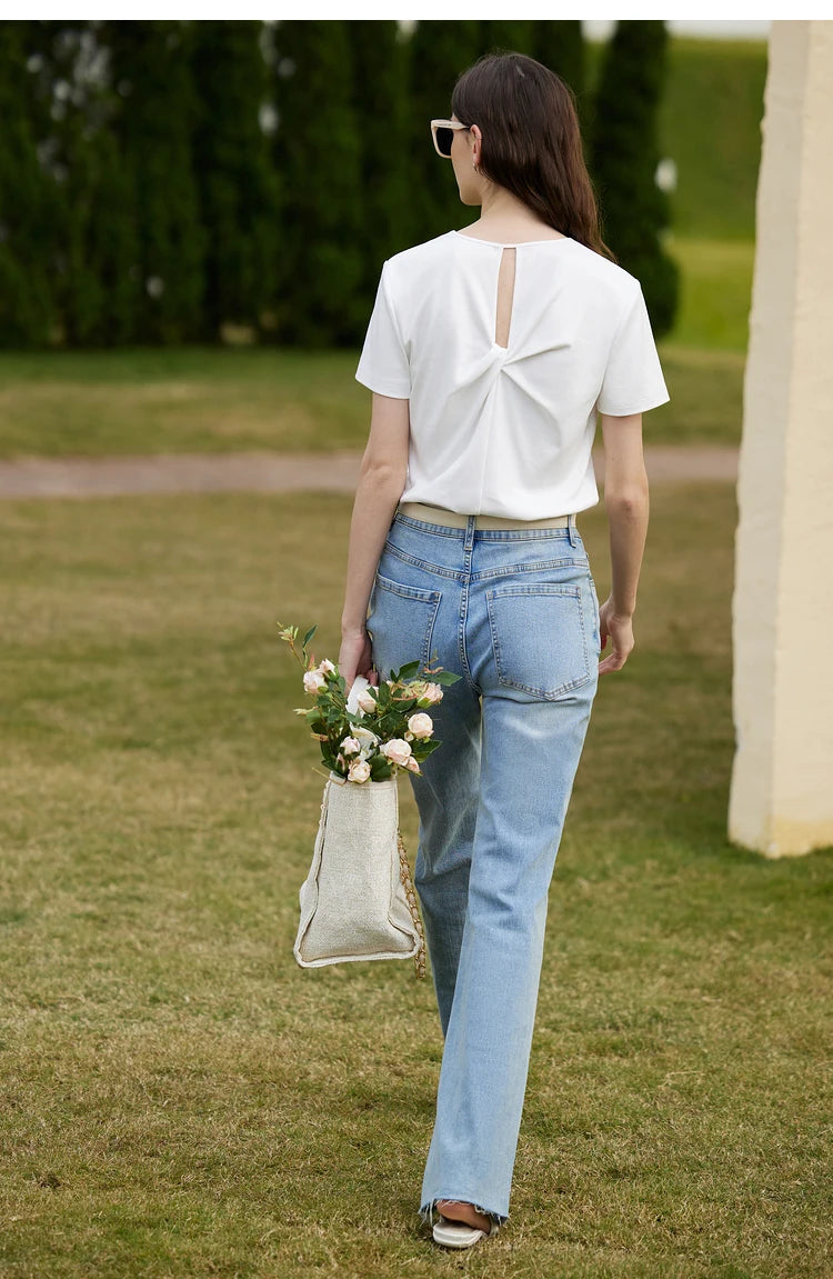 AMII Minimalism 100% Cotton Hollow Out Solid Short Sleeves Tees 2025 Spring New V Neck Top Women Casual Female T Shirt 12342289