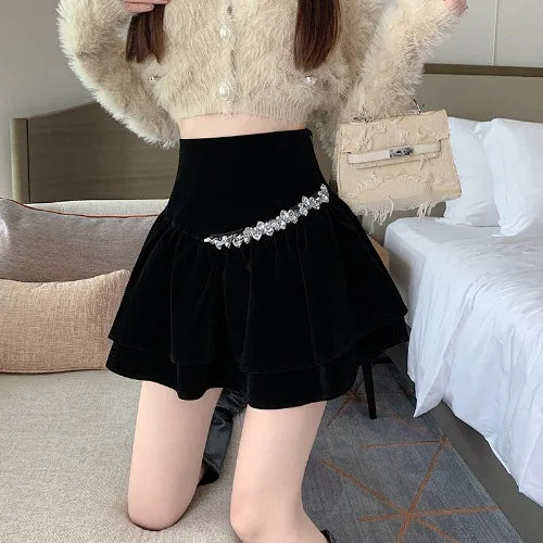 Bla Velvet Cake f Skirt Women's Autumn Winter High Waist A-Line Fluffy ort Skirt Small Size Pleated f Skirt