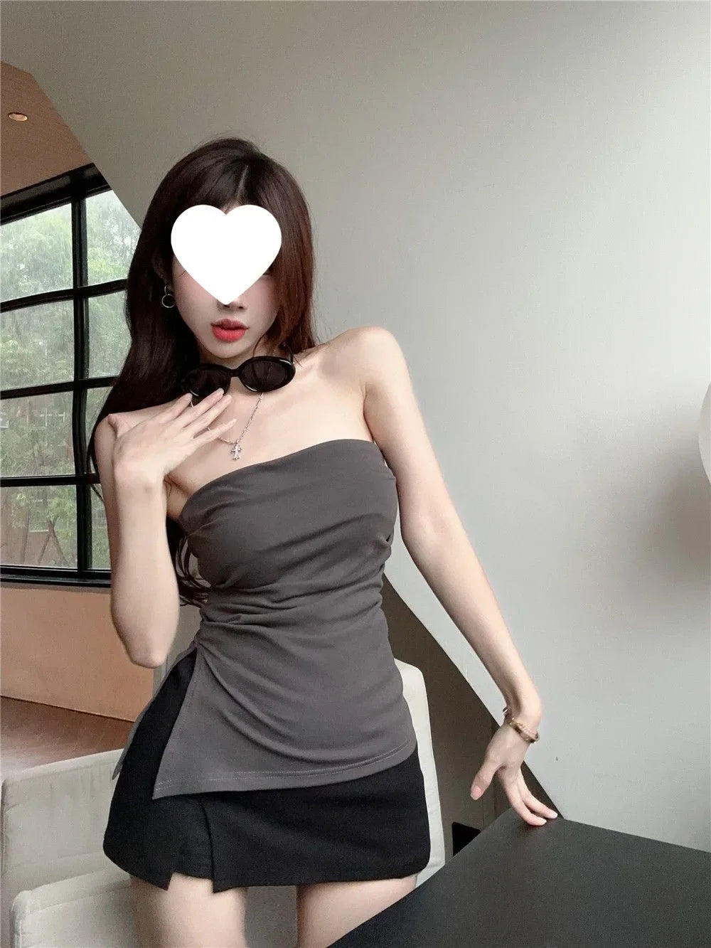 Sexy Open-Back Strapless Sleeveless T-Shirt Women's Spring Autumn Slimming Grey Top Cropped Outer Wear Base Wrap Chest