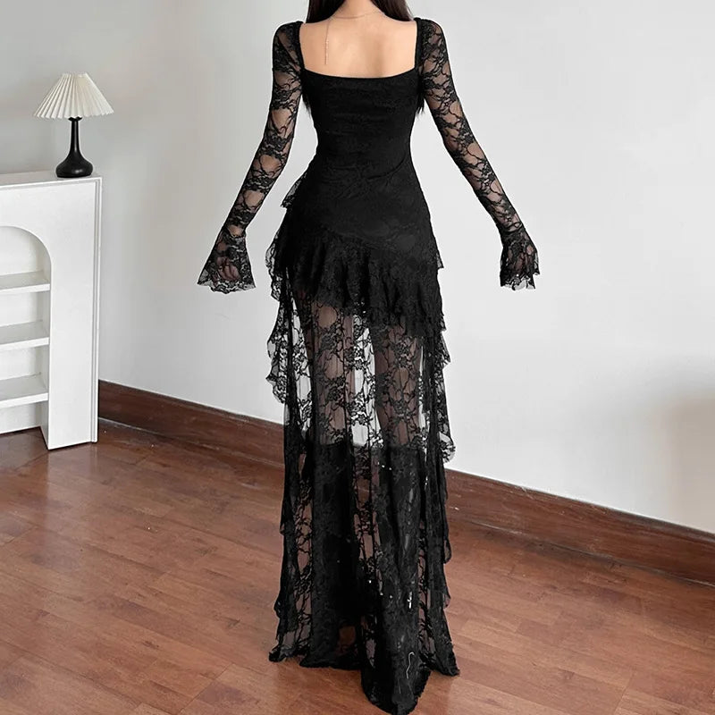 AltGoth Mall Goth Fairycore Dress Women Vintage Aesthetic Elegant Sweet Sexy See Through Irregular Hem High Waist Corset Dress