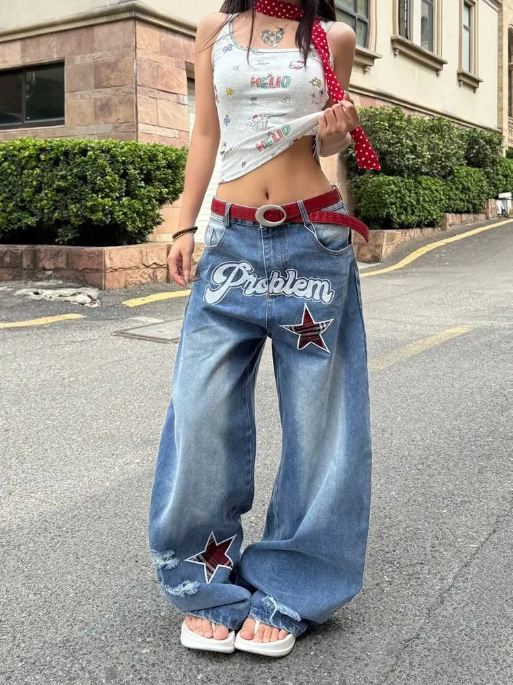 Blue Gothic Ripped Jeans Women Summer Baggy Aesthetic Denim Trousers Harajuku Oversize Jean Pants Vintage 2000s Trashy Clothes