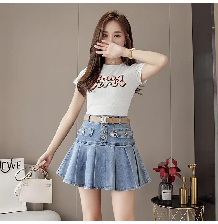 High-Waisted Denim Skirt Women's Slimming Mini Dress 2024 Spring Summer European Style Half Skirt Age-Reducing Fashionable Pleat