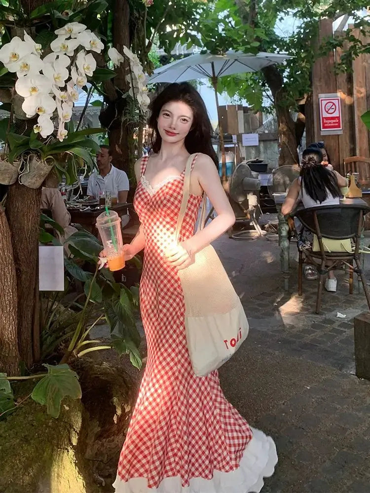 Women Summer Red Plaid Maxi Dress Spaghetti Strap Lace Trim Ruffle Hem Slim Fit Long Dress Elegant Vacation Beach Outfit 2025