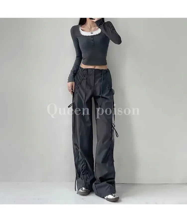 American Style Women's Summer Cargo Pants With Bowmint Green Drawstring Casual Bell Bottoms New 2024 Fashion Trend Long Pants