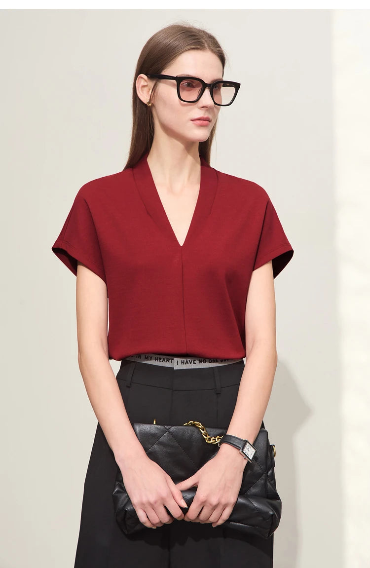 AMII Minimalism 2023 Summer Women's T-shirt Classic Style Casual V-neck Short Sleeve Solid Stretch Female Tops & Tees 12312013