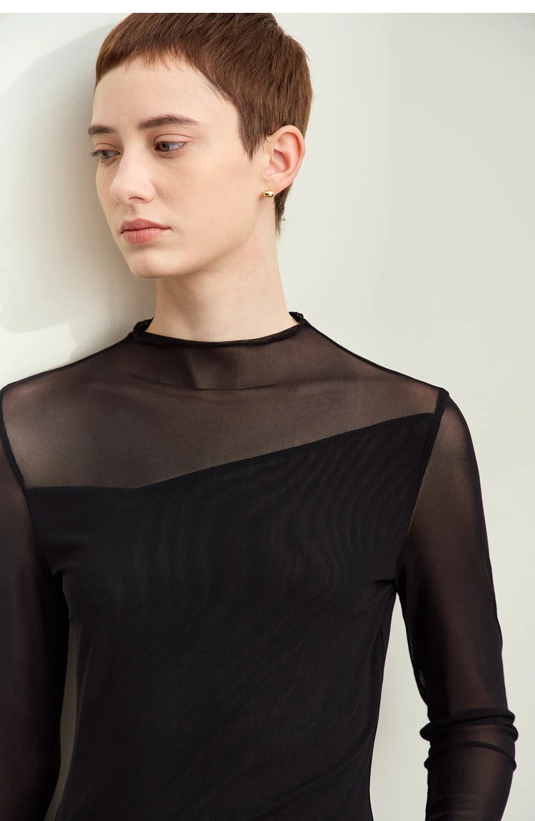 Amii Minimalism Mesh T-shirts For Women 2025 Spring New Office Lady Half-high Neck Micro Perspective Slim Retro Shirt 12423055