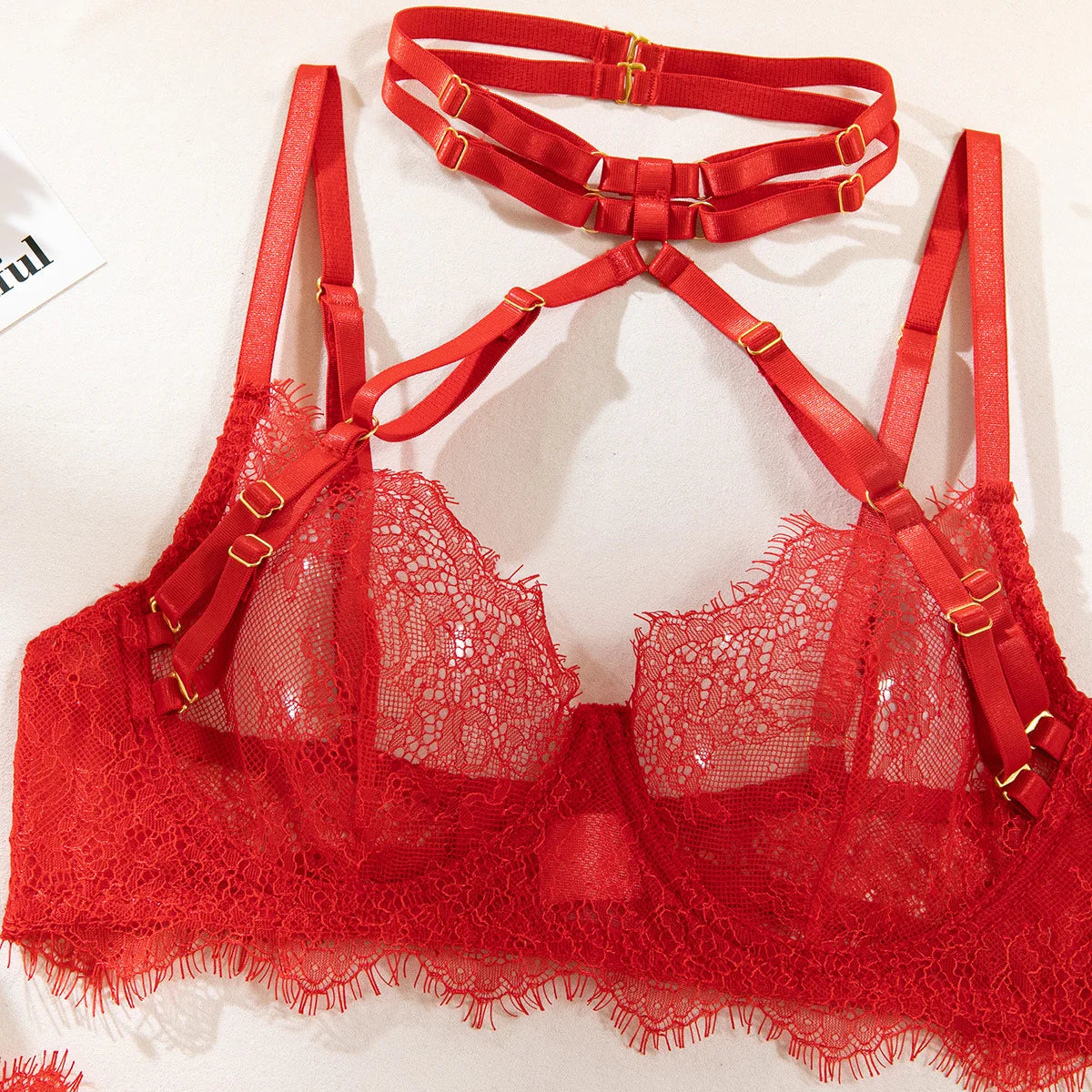 Diccvicc Lingerie Sexy Hot Eyelash Lace Trim Bandage Bra Garter Belts with Underwear Panty Transparent Intimacy Wear Exotic Set