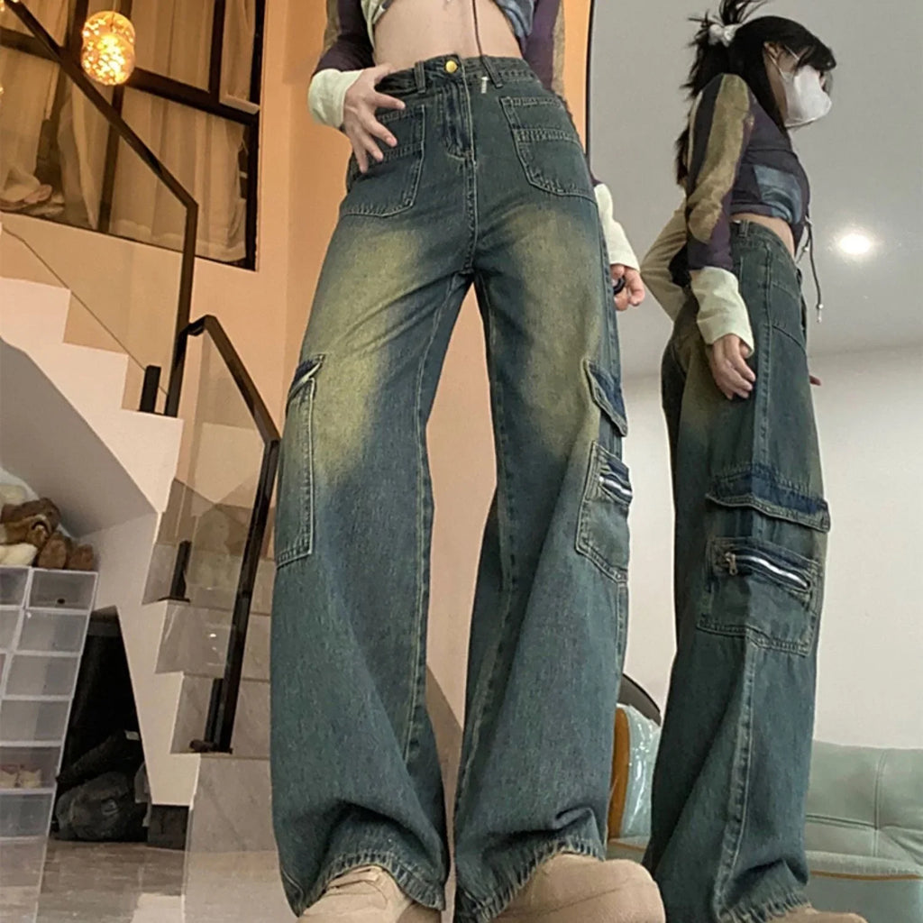 New 2025 American Wide Leg Jeans High Street Workwear Loose High Waist Straight Cut Floor-Length Pants Women's Fashion