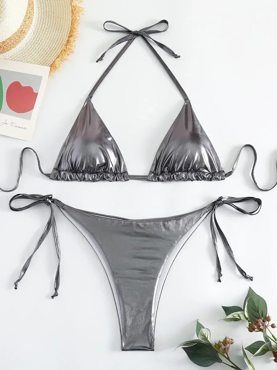 Sexy Shiny Pu Faux Leather Bikini 2025 Women Swimwear Female Swimsuit Two-pieces Bikini set String Bather Bathing Suit Swim Lady
